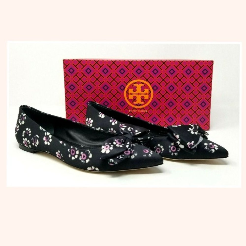 Tory Burch Rosalind Black Floral Print Satin Ballet Flats